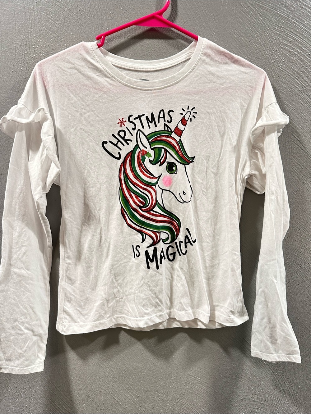 Holiday Time White Long-Sleeve Christmas Unicorn Tee with Red & Green Accents